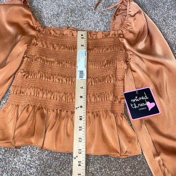 Mixed thread Smocked Peasant long Sleeve Ruffle Blouse Long Textured Satin SZ M - Picture 7 of 9